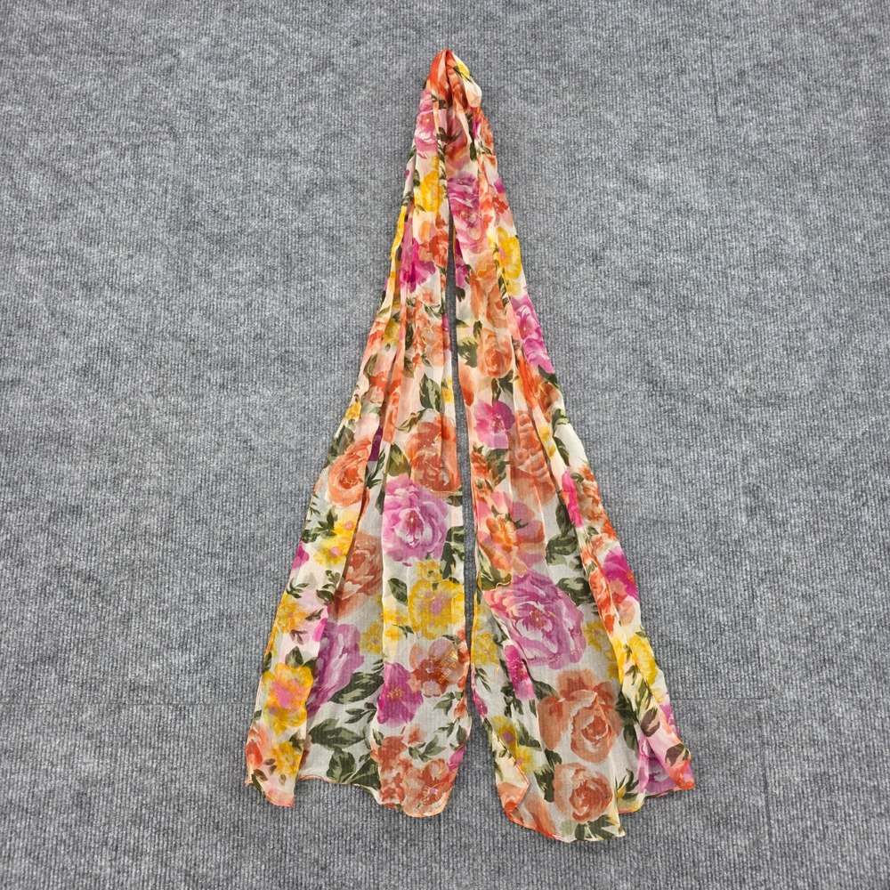 A. Brod Vintage Floral Sheer Scarf Gold Metallic Thread Pink Orange Yellow Wrap